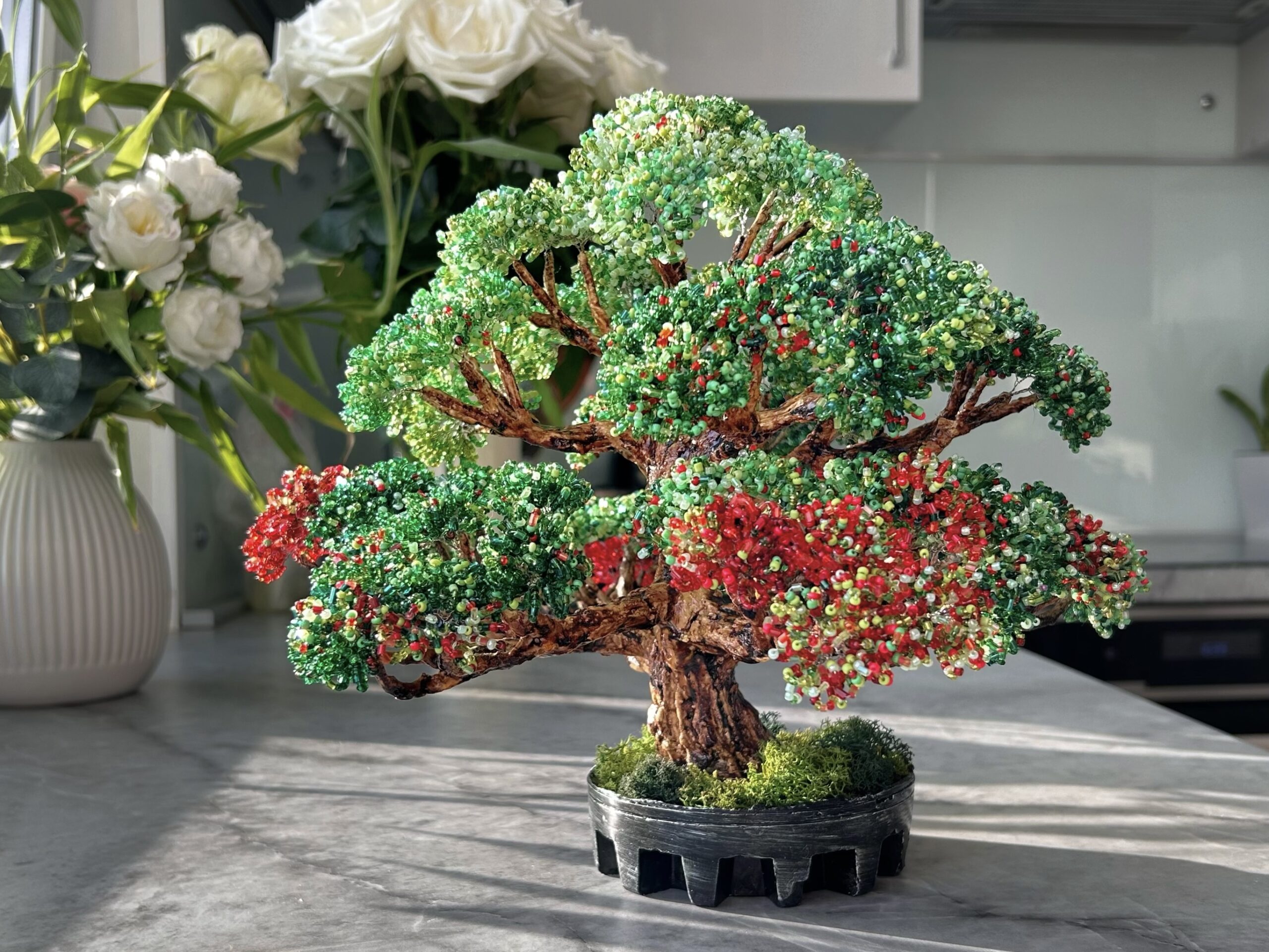 Classic Beaded Bonsai • L • Emerald & Crimson