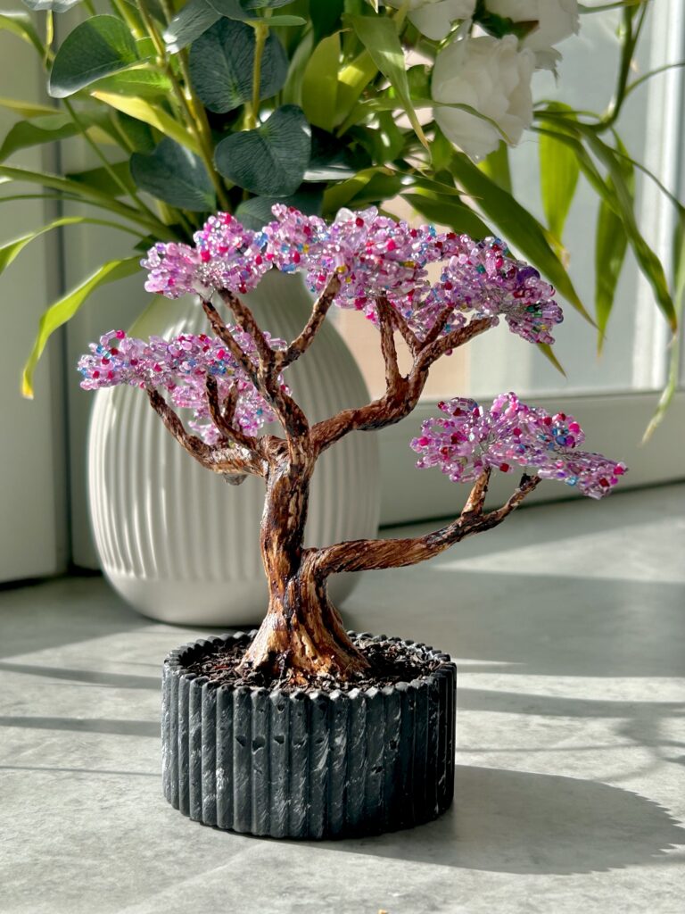 Purple blossom beaded amethyst bonsai in a pot