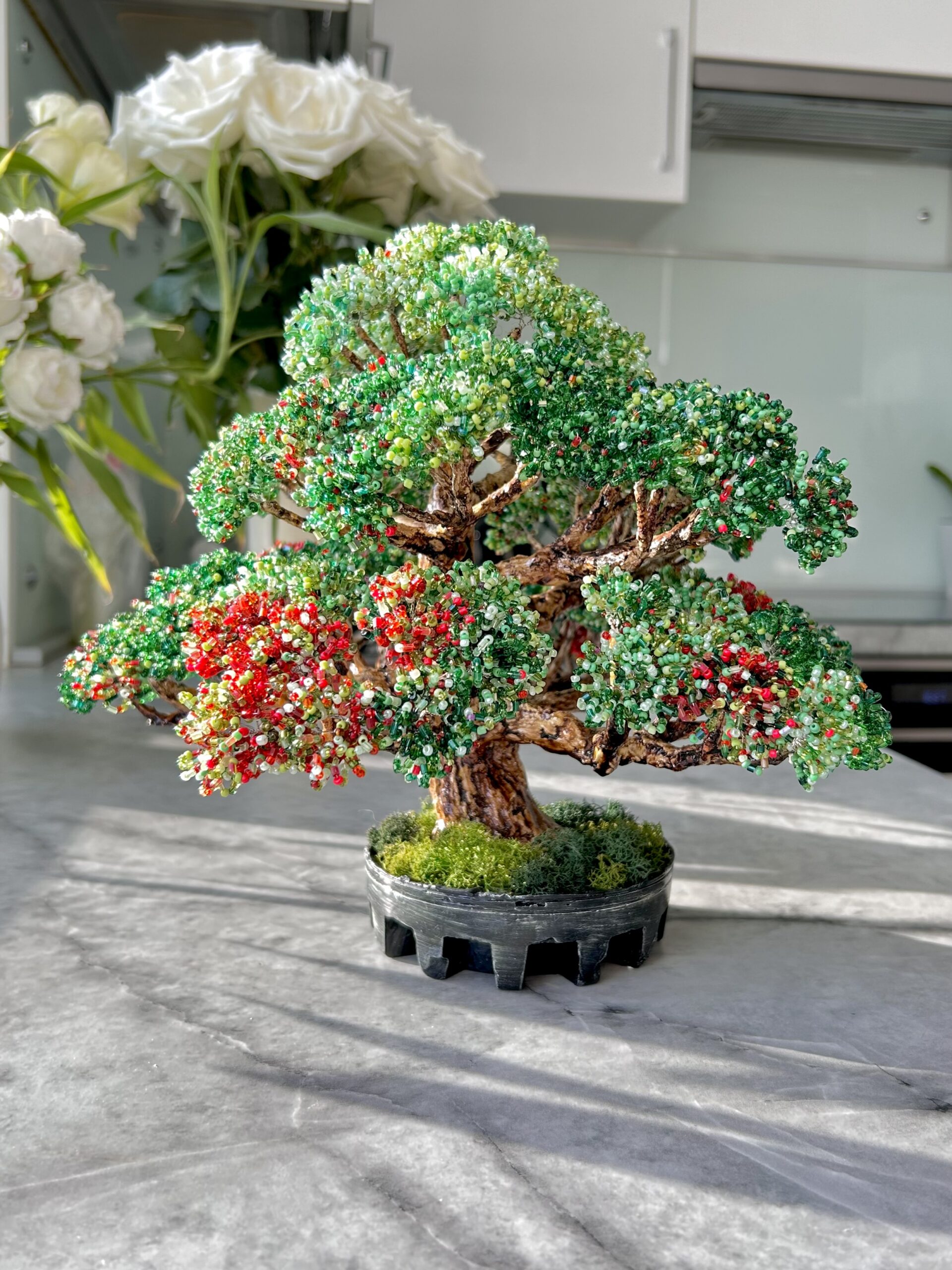 Classic Beaded Bonsai • L • Emerald & Crimson