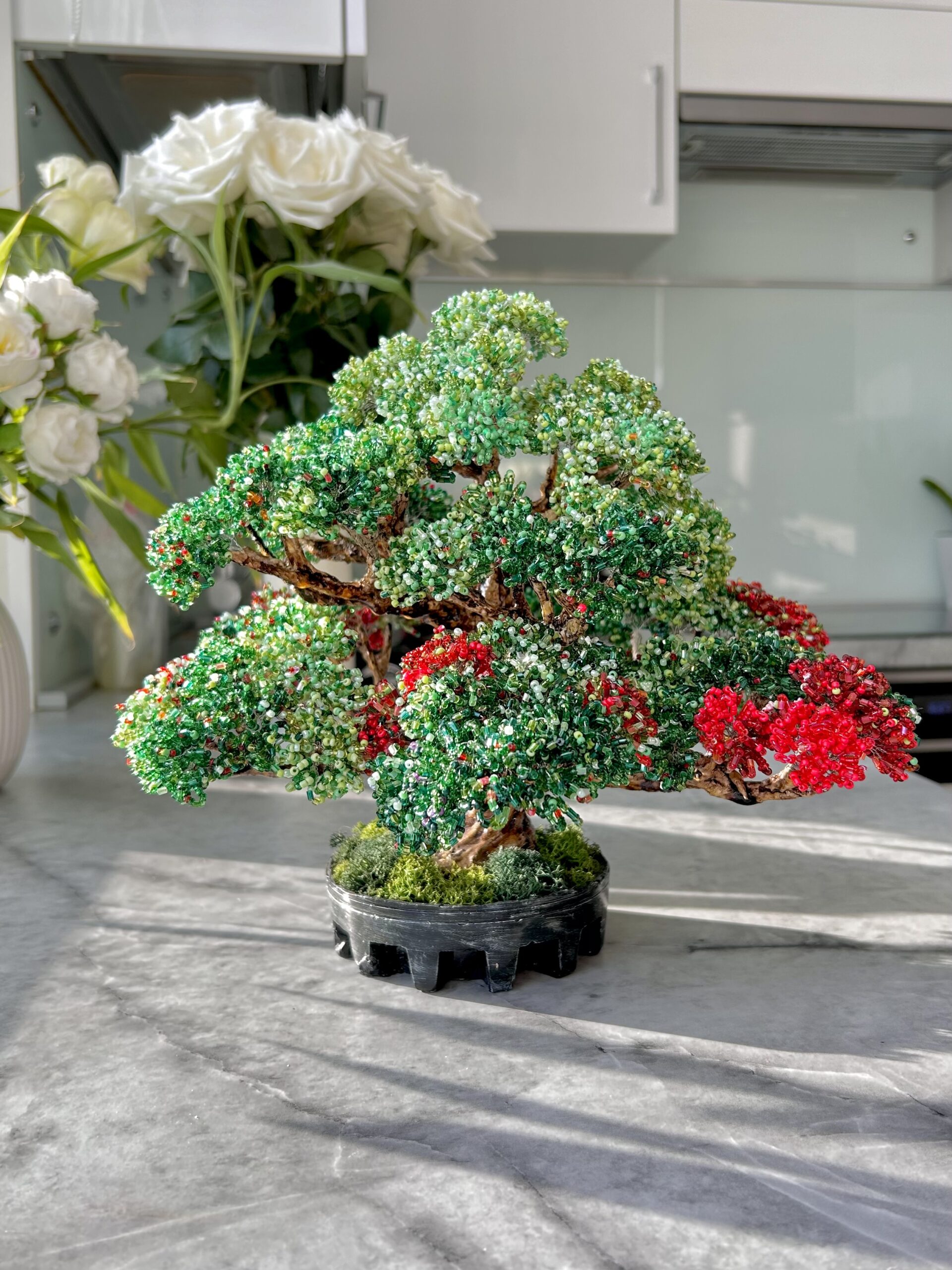 Classic Beaded Bonsai • L • Emerald & Crimson