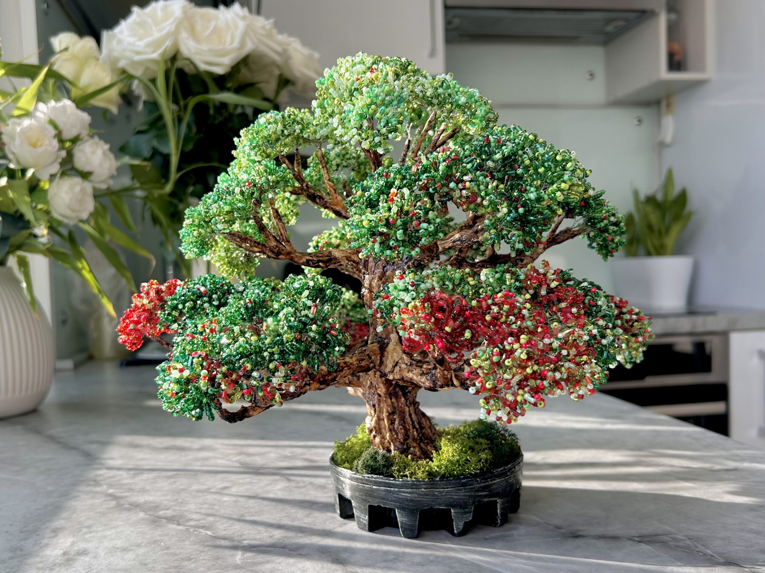 Classic Beaded Bonsai • L • Emerald & Crimson