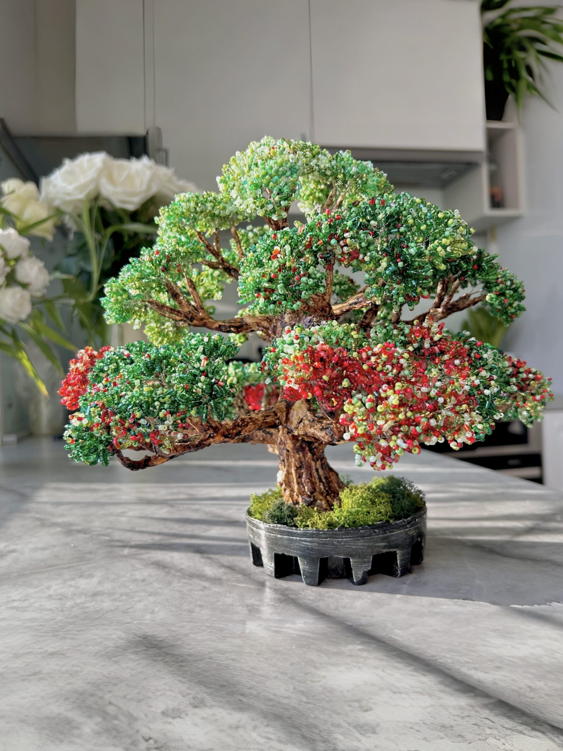 Classic Beaded Bonsai • L • Emerald & Crimson
